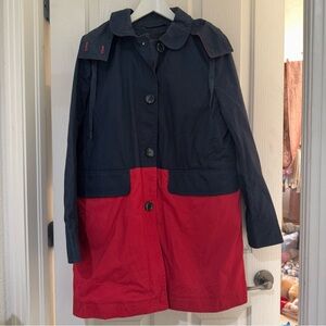 Coach Navy Blue Red Colorblock Hooded Mac Trench coat jacket size large nwt